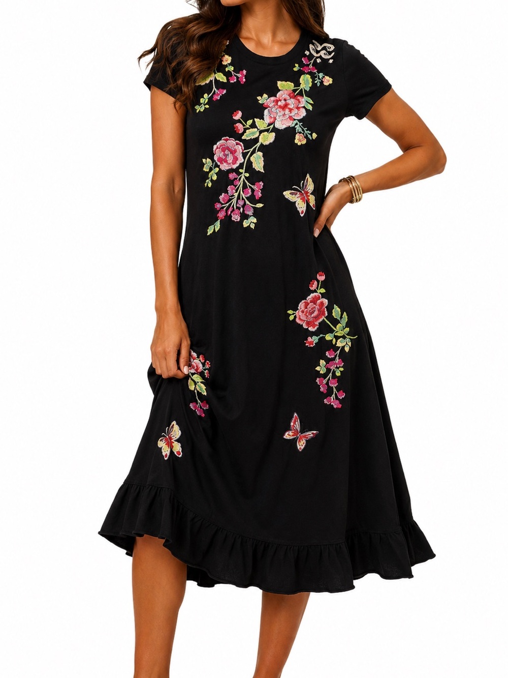 Johnny Was Elbow Sleeve Ruffle Floral Embroidered Black Midi Dress sz Medium